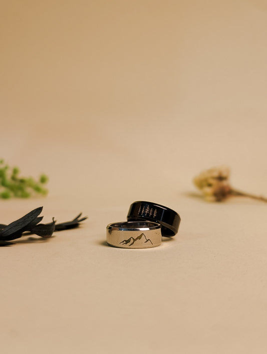 Stainless Steel Adventure Rings – Tree & Mountain Engraved Design